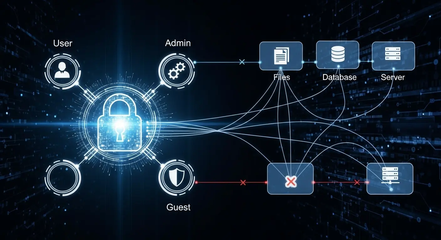RBAC 访问控制示意图，显示用户、管理员和访客角色对文件、数据库和服务器的不同权限。